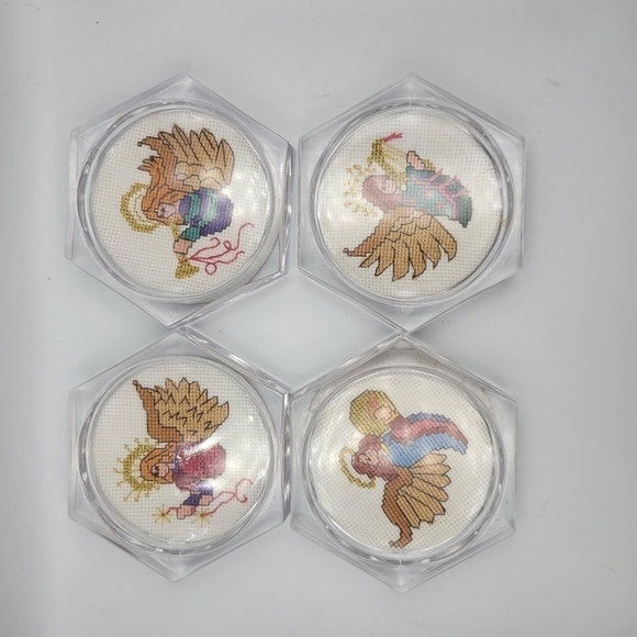 Vintage Cross-stitch Angel Clear Acrylic Coasters - Set of 4 - Picture 1 of 7